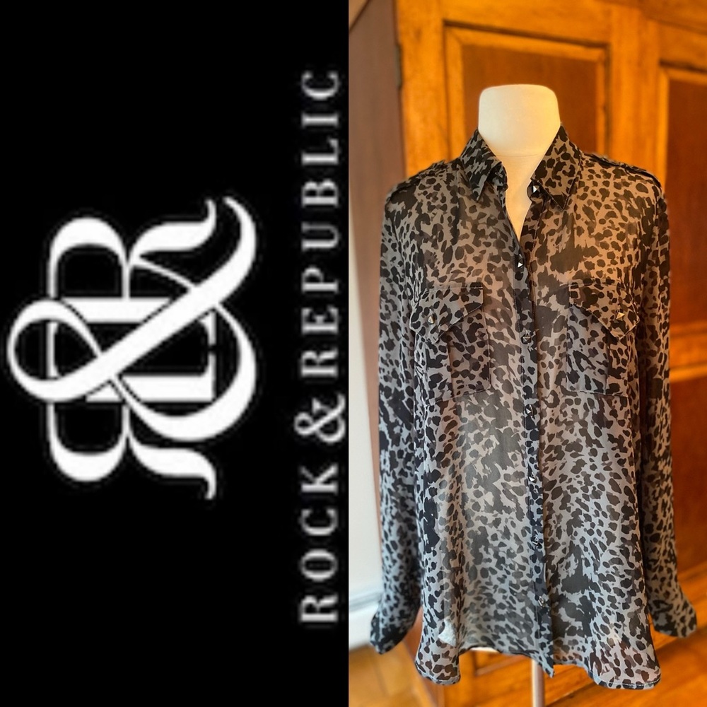 Rock and Republic Animal Print Sheer Long Sleeve Blouse Size Medium